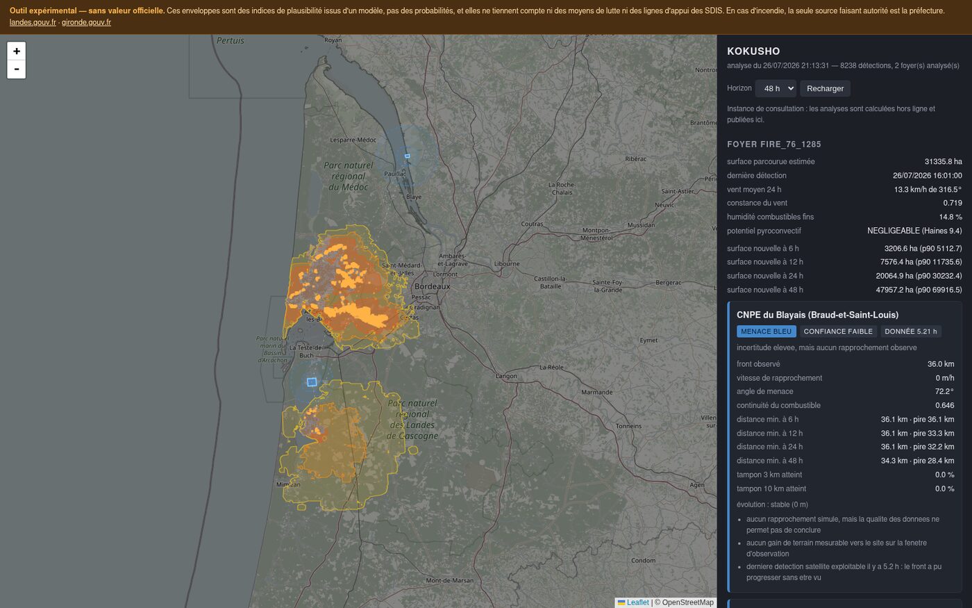 Capture de l'outil en ligne. À gauche une carte du littoral aquitain : la surface déjà parcourue en gris, le front actif en orange, et les enveloppes à 48 heures en contours jaunes autour de deux foyers. À droite un panneau qui donne pour chaque site sensible le niveau de menace, la confiance, la distance au front et les distances minimales simulées