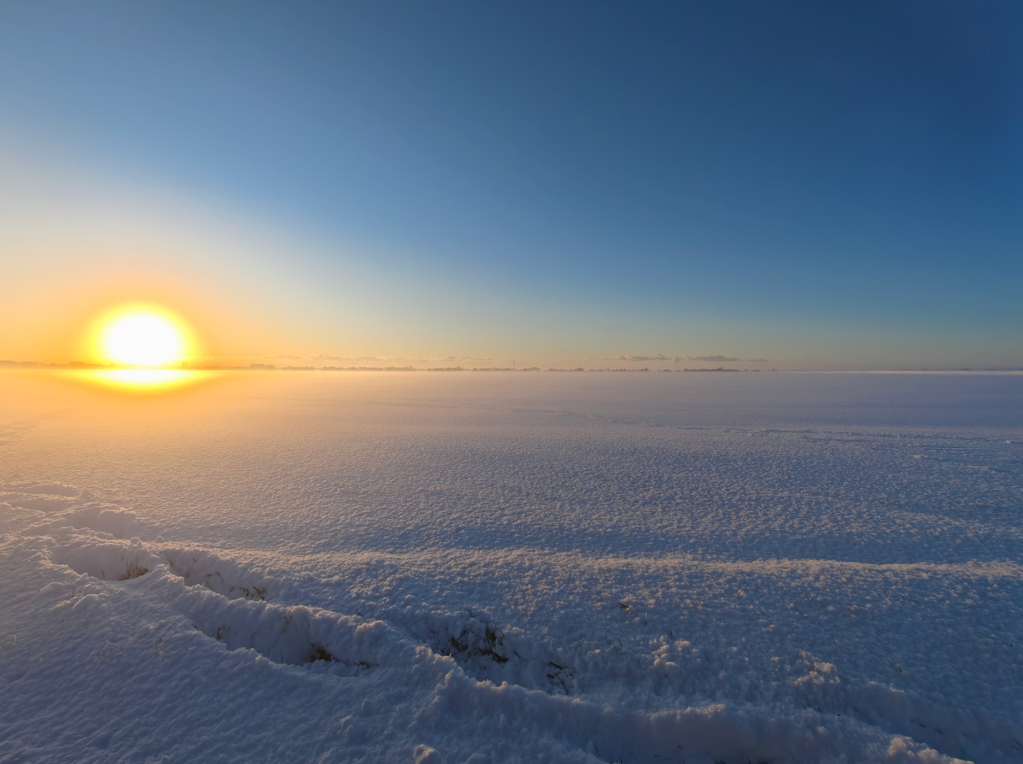 Plaine couverte de neige au soleil rasant, ciel dégagé, lors de l’épisode de froid de janvier 2026