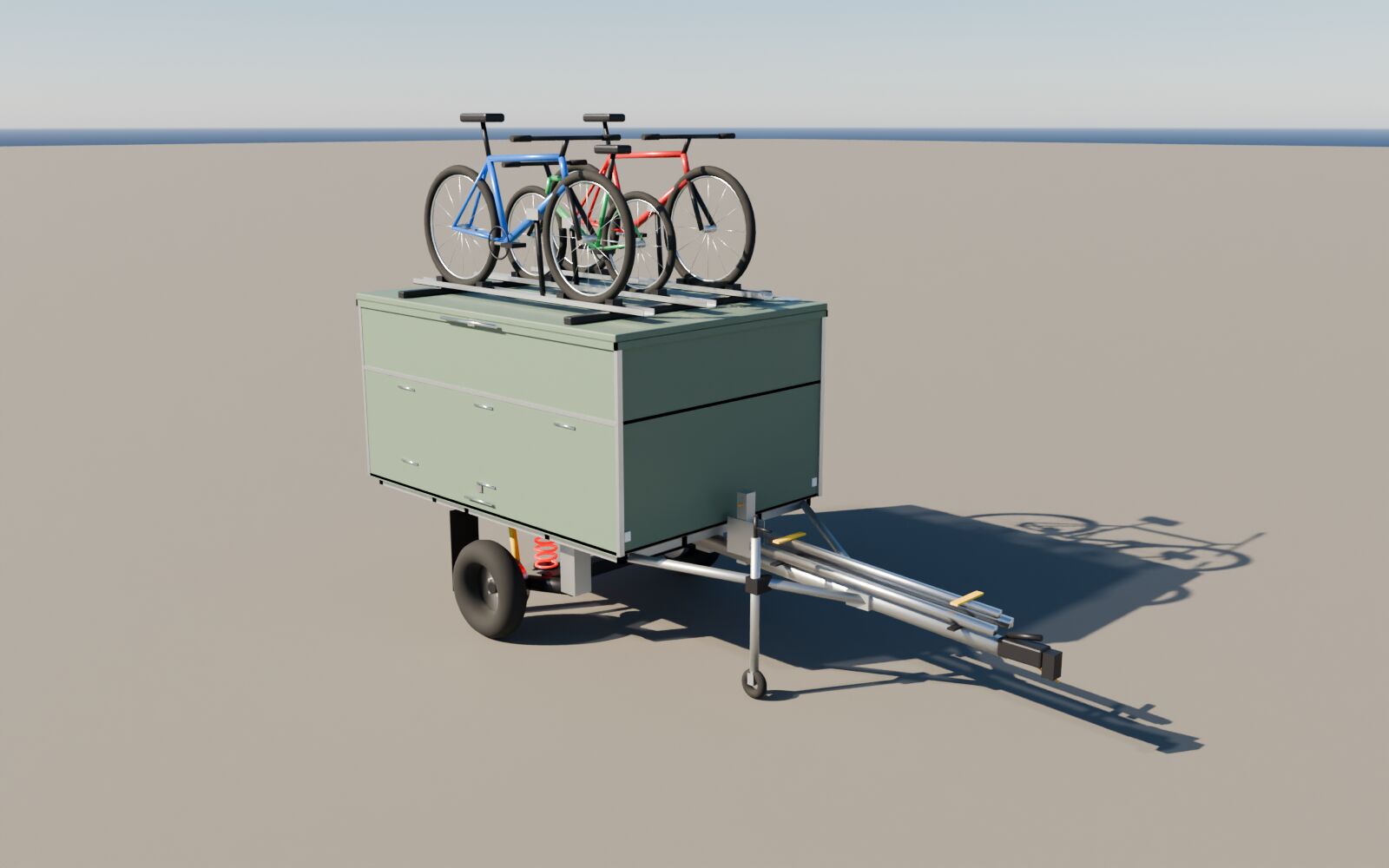 Rendu 3D d'une remorque vert sauge fermée, trois vélos sur le toit, timon long avec un mât démonté rangé dessus