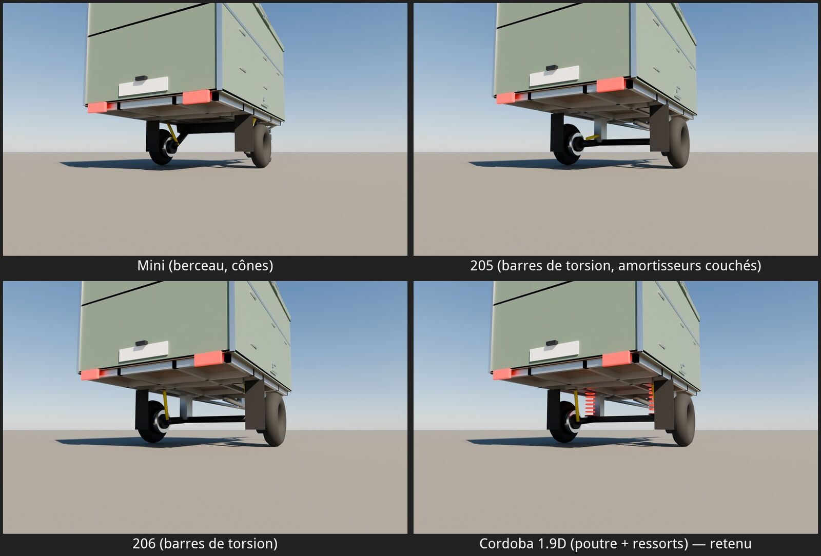 Quatre vues de dessous de la même remorque avec quatre trains différents : Mini à berceau et cônes, 205 à barres de torsion et amortisseurs couchés, 206 à barres de torsion, Cordoba à poutre de torsion et ressorts hélicoïdaux rouges posés sur les bras