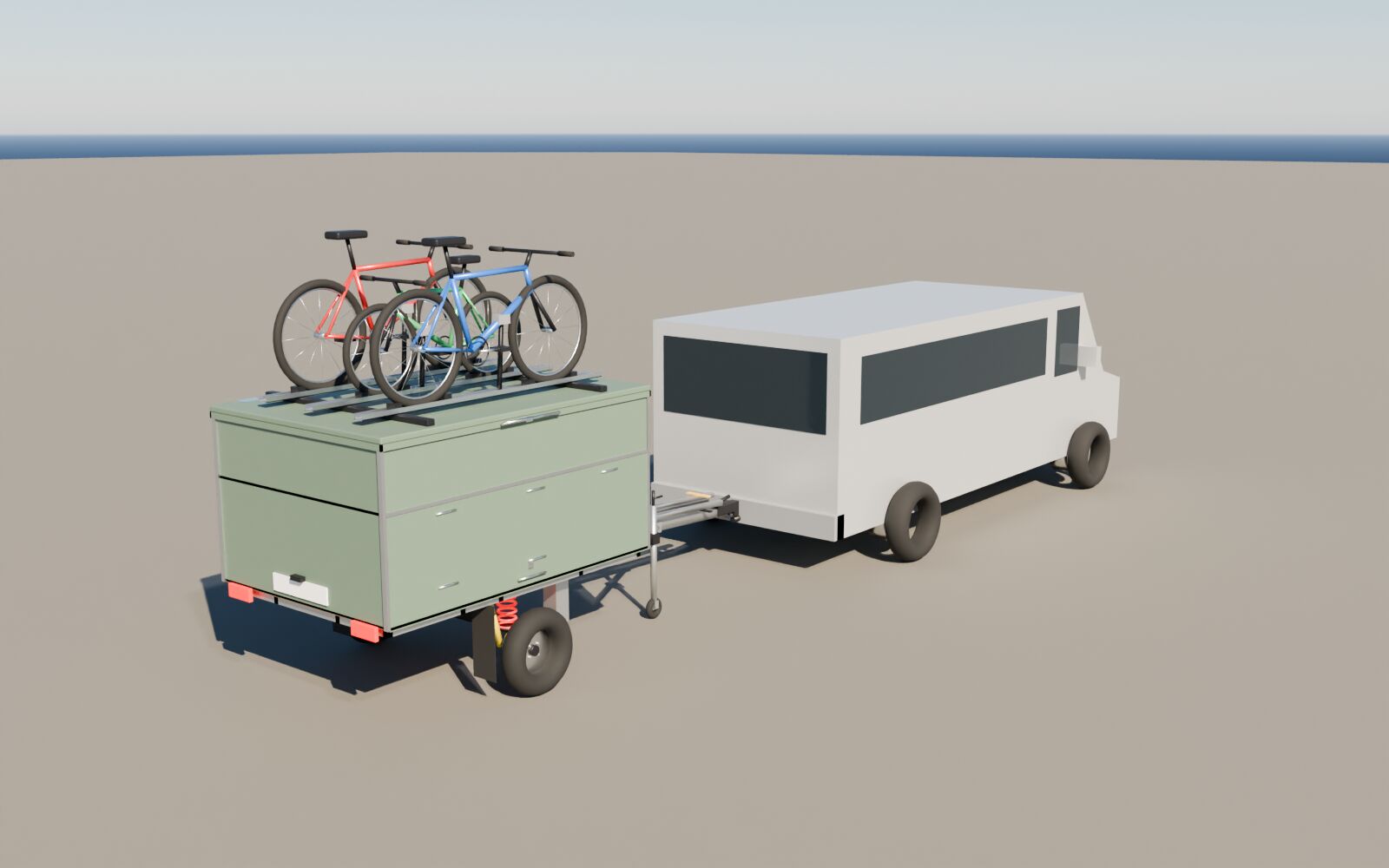 Vue trois-quarts arrière de la remorque attelée au T5, vélos sur le toit dépassant le toit du fourgon