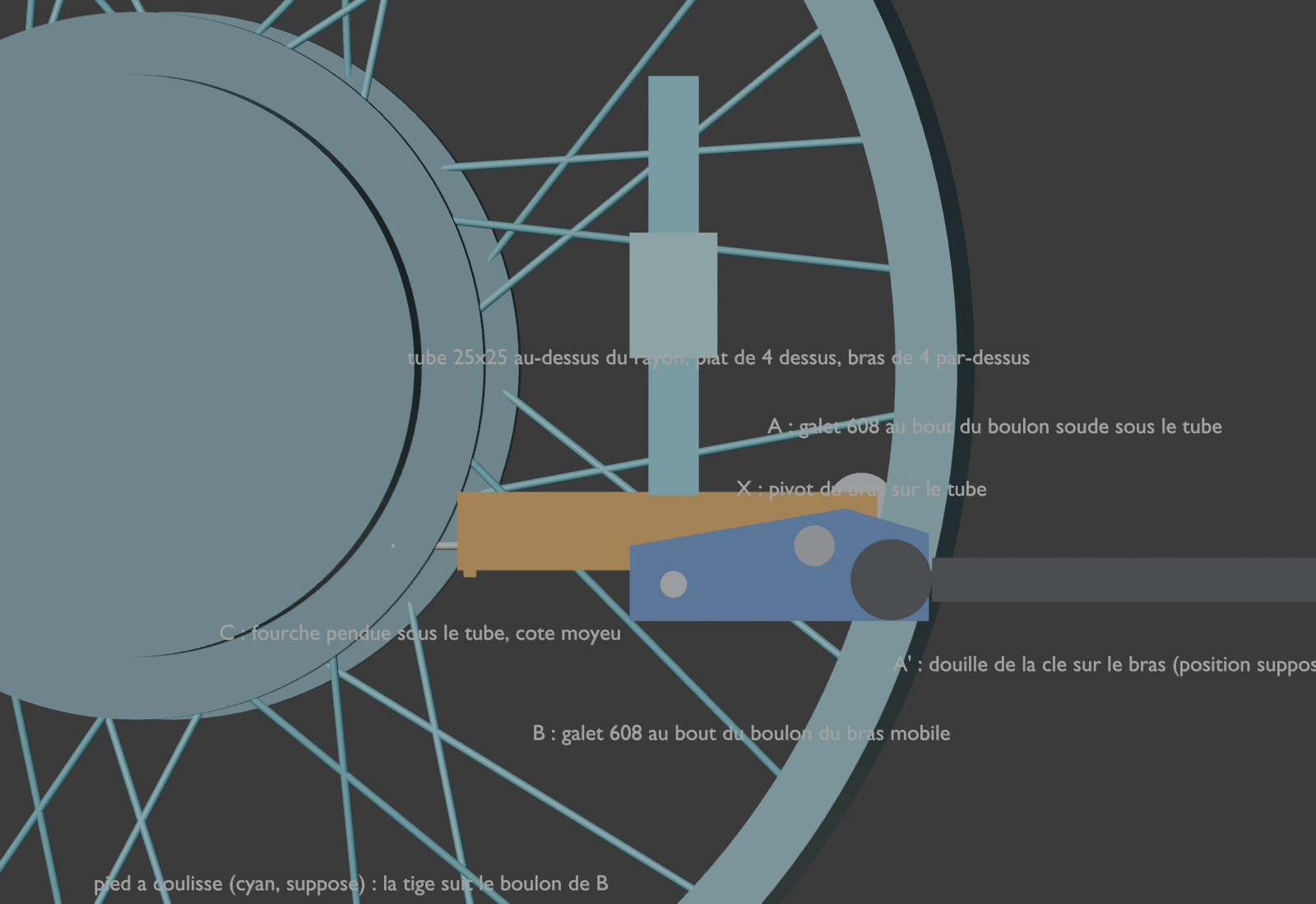 Vue de dessus du modèle 3D de l'outil posé sur une roue complète : tube orange au-dessus du rayon mesuré, bras bleu, galets, clé et pied à coulisse